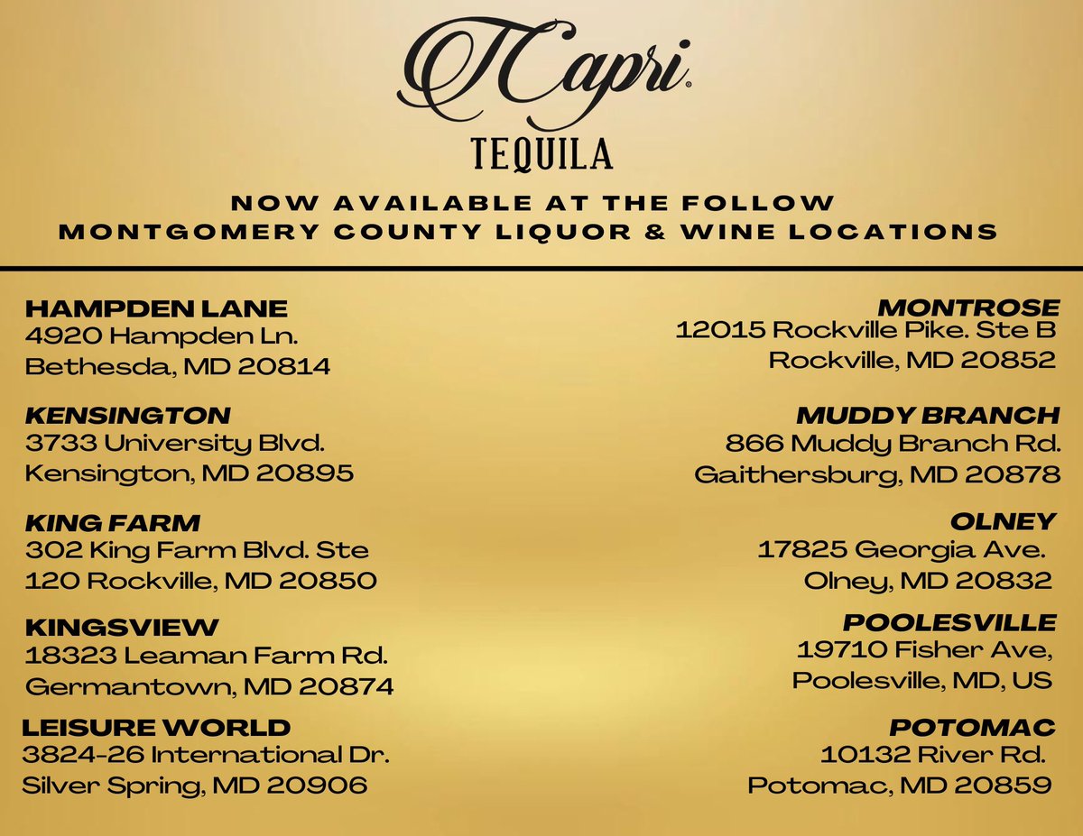 TcapriTequila's tweet photo. TCapri Tequila Blanco &amp; Reposado are NOW RESTOCKED at the following Montgomery County Liquor &amp; Wine Locations! https://t.co/YJdveZrd5Z
