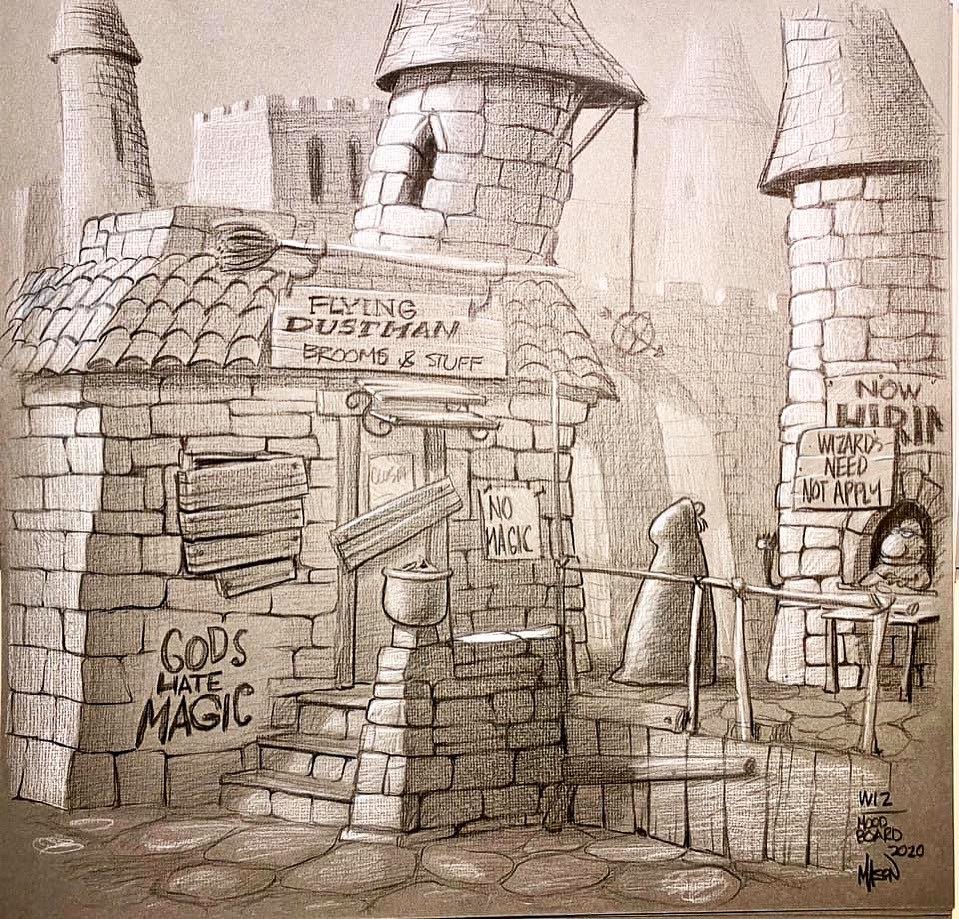 2020 Concept sketch for #WizardofID series pitch. I was having some fun with ideas for how the kingdom of ID might look as a grimy but quirky and whimsical world. In this plot, magic has been banned by the King. 
What a fink.