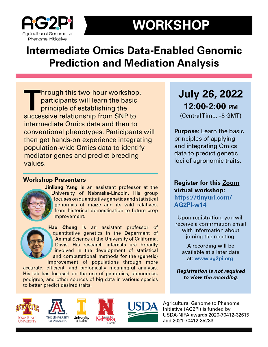 There's still time to register!

Quantitative geneticists <a href="/QTLrocks/">Hao Cheng</a> and <a href="/JinliangYang/">Jinliang Yang</a> will walk through performing genomic prediction and mediation analysis in crops and livestock.