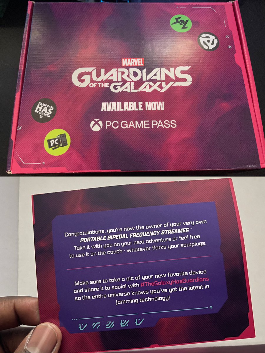 DeejayKnight's tweet photo. Since Guardians Of The Galaxy hit #PCGamePass , I was sent a set of custom Portable Bipedal Frequency Streamers. 👀
Looking forward to this Star Lord Mixtape (especially since I haven’t held a cassette tape in MANY years 😂).
Thanks, Team!
#PCGP #TheGalaxyHasGuardians https://t.co/yb5mG35lED