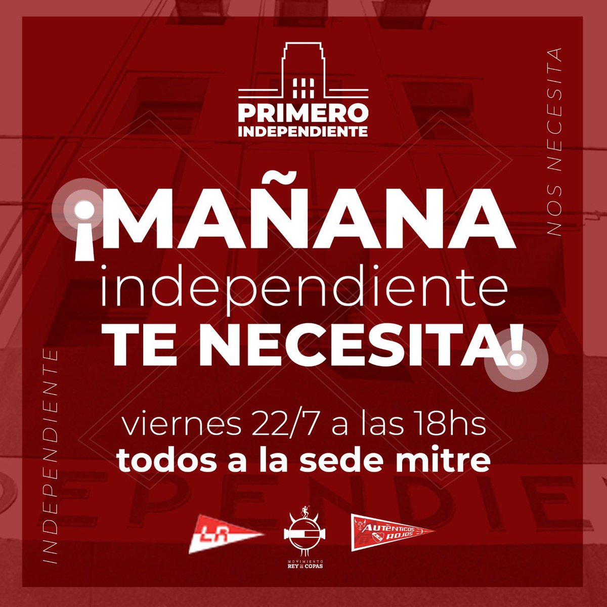 MovReyDeCopas's tweet photo. Ante la grave situación institucional que vive #Independiente, hoy más que nunca tenemos que involucrarnos. Machemos y hagámonos escuchar ante esta situación que DUELE. Mañana, TODOS A LA SEDE!!!

#PrimeroIndependiente 🇦🇹 https://t.co/gwEDcoAwgn