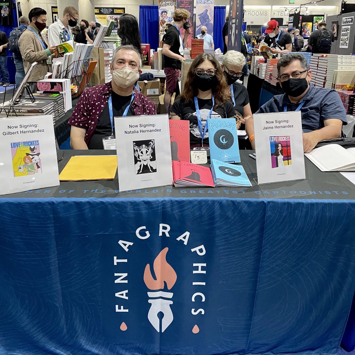 So much talent in one small space: Gilbert, Jaime, and Natalia Hernandez are signing here at the Fantagraphics booth (1721) at @Comic_Con! They’ll be signing here until 2:00, again at 5:00, and tomorrow at 3:30! Plus Gilbert and Natalia will be at the booth at noon on Saturday ❤️