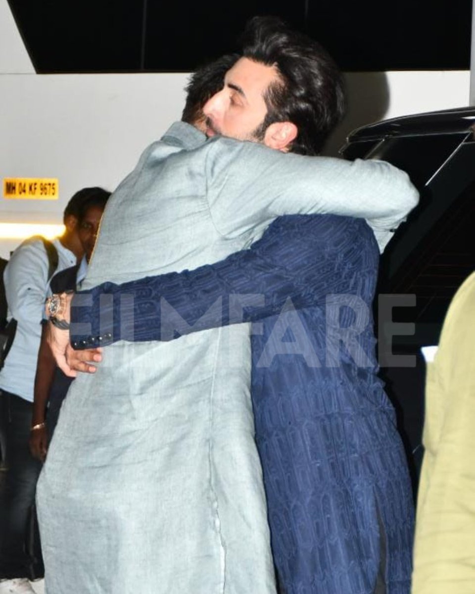 A moment. ❤️ #RanbirKapoor gave a warm hug to #SanjayDutt who he shares a close bond with as they got clicked during #Shamshera promotions earlier today.