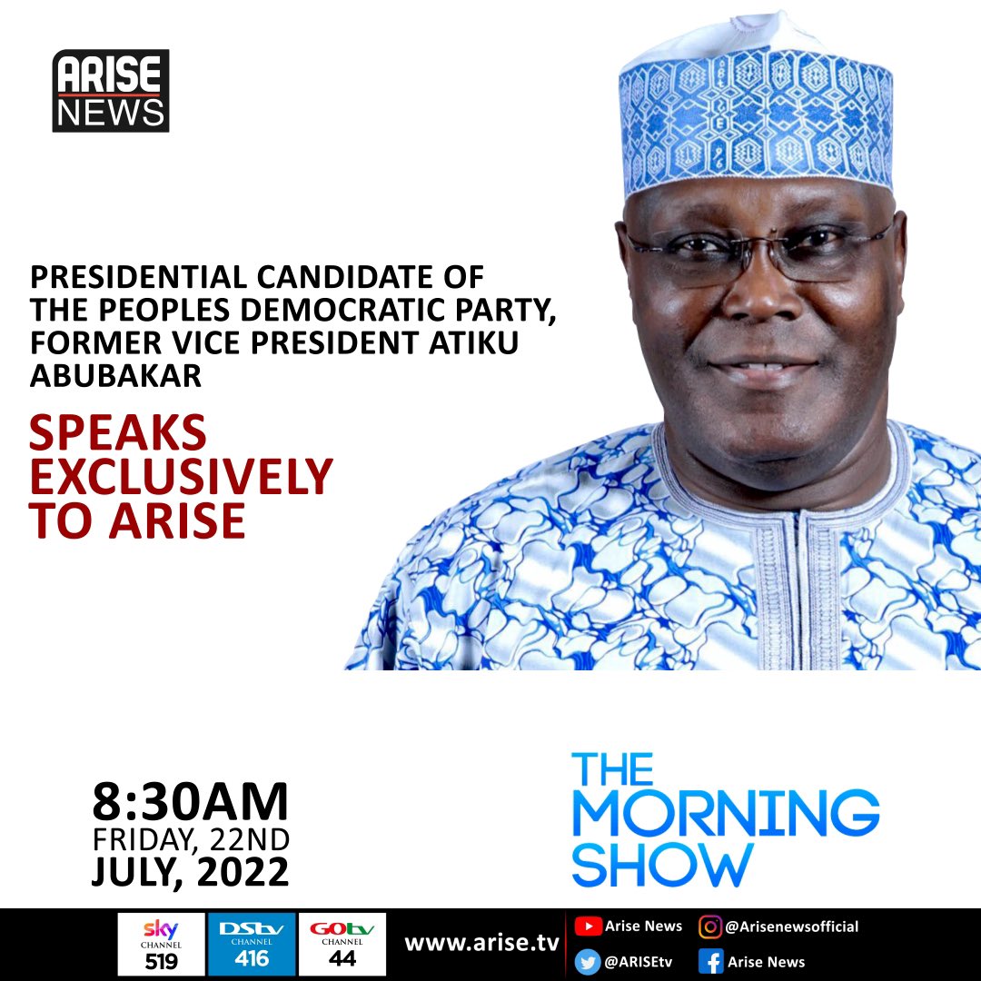 On the Morning Show, PDP Presidential candidate and former Vice President of Nigeria, Atiku Abubakar, speaks exclusively to ARISE News. Join us at 8:30am #TheMorningShow #AriseExclusive