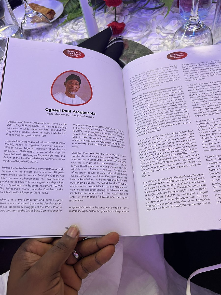 Minister of Interior, Ogbeni <a href="/raufaregbesola/">Rauf Aregbesola</a>, bags <a href="/BusinessDayNg/">BusinessDayNG</a> Excellence in Service Award 2021 for the various reforms and initiatives he instituted at the <a href="/MinOfInteriorNG/">Ministry of Interior</a>.

He was represented by the Hon Commissioner, CDCFIB, ACG Ado Jafaru, Rtd. at the ICC, Abuja. 21/7/2022