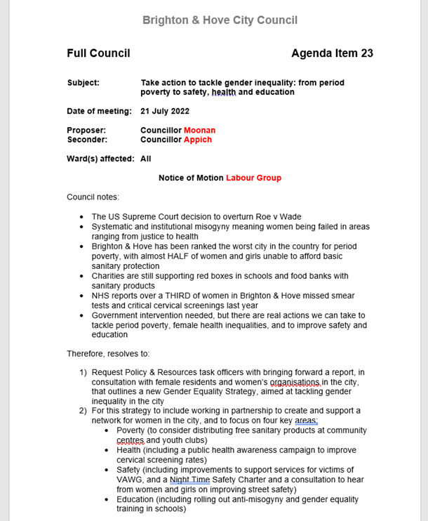 Item 23 - #GenderEqualityStrategy 

"Earlier in this meeting Cllr Powell said the Green administration will not make a commitment to a Gender Equality Strategy which I find hugely disappointing. Without any strategic thinking, things will remain piece meal."

<a href="/CCmoonan/">Clare Moonan</a>