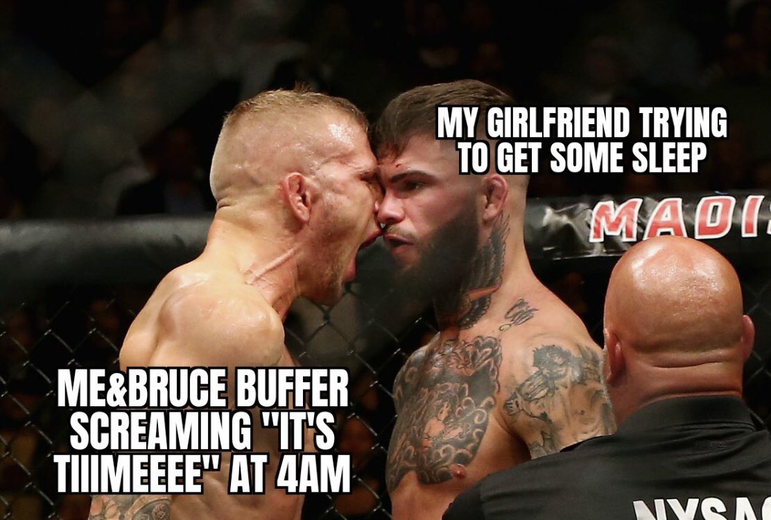 EvanMcGinn2's tweet photo. 4pm or 4am. @brucebuffer doesn’t miss. By the time he’s done introducing the fighters, I’m ready to run through a brick wall 🧱🏃🏻♂️ #MMA #MMATwitter #UFC #DoesntMiss https://t.co/918mUll1Wf
