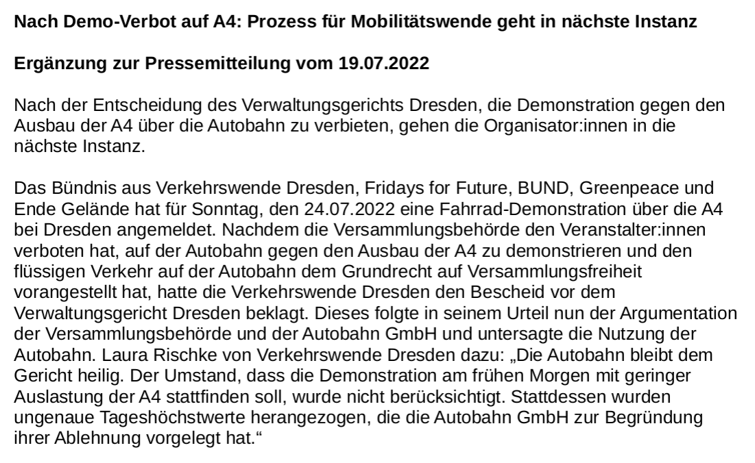 VerkehrswendeDD's tweet photo. ***#A4 DEMO UPDATE***
⚠️@stadt_dresden - Versammlungsbehörde kippt unsere Autobahndemo
⚠️ Verwaltungsgericht #Dresden bestätigt verbot
✅ Wir ziehen vors Oberverwaltungsgericht in Bautzen
Lest unsere PM dazu
und wichtiger: Kommt am Sonntag mit dem 🚲 zum Neustädter ❤️💚
#dd2407 https://t.co/gtvfLzOtVz