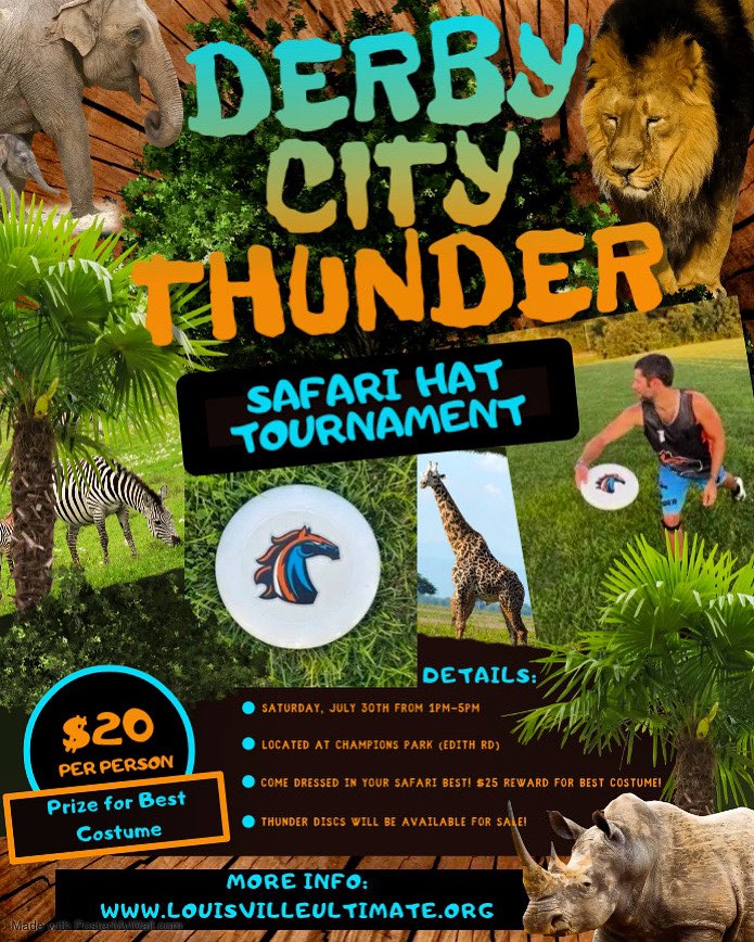 Thunder Hat tournament next Saturday in Louisville! It is sure to be a lot of fun. Get signed up to play!

louisvilleultimate.org/e/wildlife-saf…