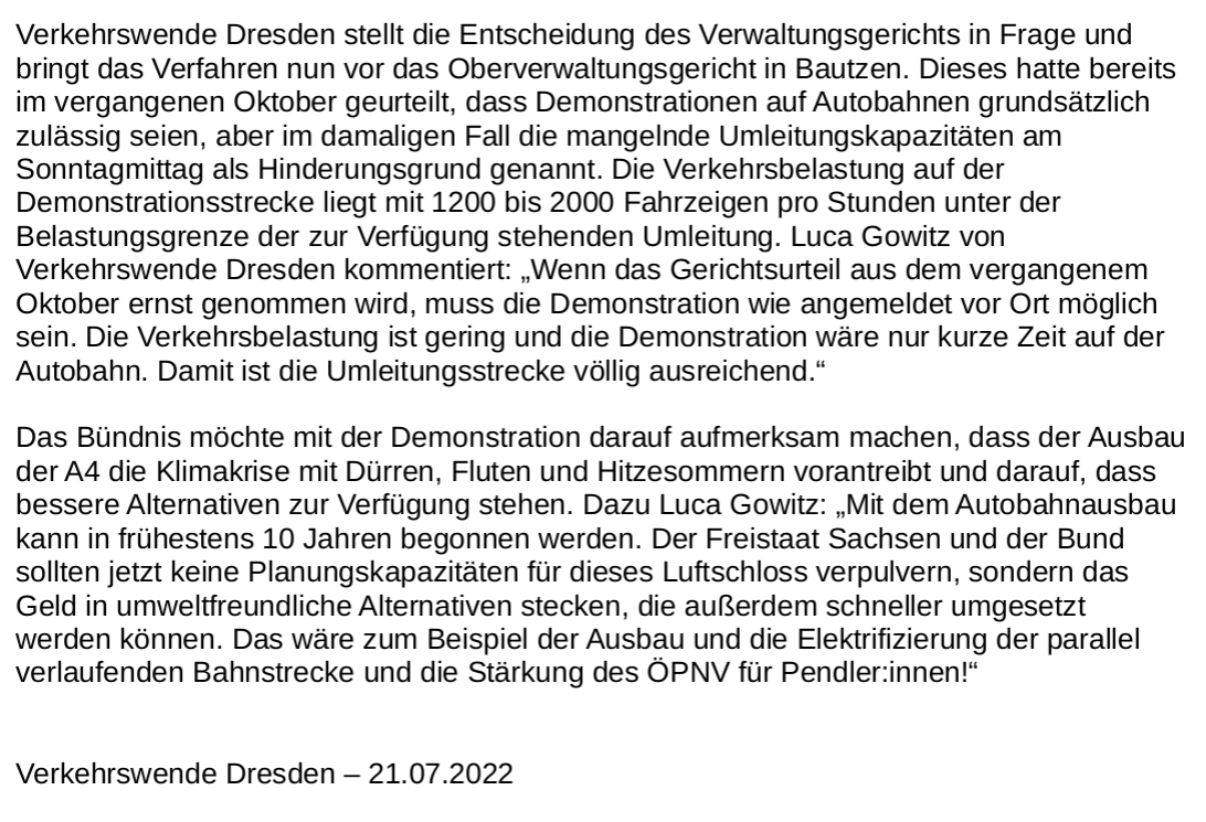 VerkehrswendeDD's tweet photo. ***#A4 DEMO UPDATE***
⚠️@stadt_dresden - Versammlungsbehörde kippt unsere Autobahndemo
⚠️ Verwaltungsgericht #Dresden bestätigt verbot
✅ Wir ziehen vors Oberverwaltungsgericht in Bautzen
Lest unsere PM dazu
und wichtiger: Kommt am Sonntag mit dem 🚲 zum Neustädter ❤️💚
#dd2407 https://t.co/gtvfLzOtVz
