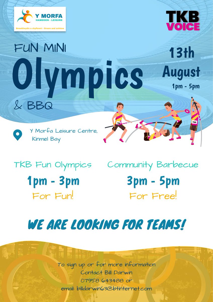NWalesSocial's tweet photo. #NWalesHour
#FunOlympics this August with @TkbVoice 🏋️⛹🏽♀️🏂🚣♂️📸
Get your own team organised or come along to cheer on the teams as a spectator!
#loveTKB ..Bringing the best events to you this Summer; https://t.co/TwtgtacxHk https://t.co/0dY2CcOdMa