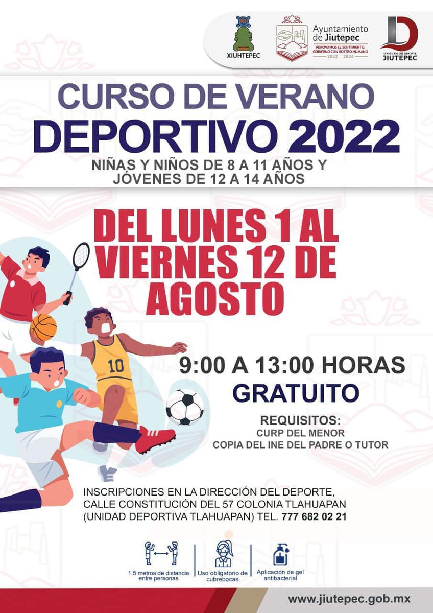 24Morelos's tweet photo. SE APROXIMA CURSO DEPORTIVO GRATUITO EN JIUTEPEC 

Las #vacaciones se aproximan y con ello los cursos de verano, por ello el Gobierno de @JiutepecDe invita a la comunidad a inscribir a las niñas y niños al #CursoDeportivo 2022.

Aún estás a tiempo, ¡Inscríbete! https://t.co/gNnNwM8mp7