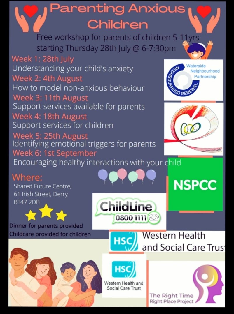 BBHealthForum's tweet photo. Our Parenting Anxious Children programme starts Thurs 28th July 6pm at the Shared Future Centre, Irish Street.
3 spaces are available. If you are interested, please contact Sean on 07597700971.
#RightTimeRightPlace #anxiety #support
@healthdpt @WesternHSCTrust https://t.co/J4UX18g0oj