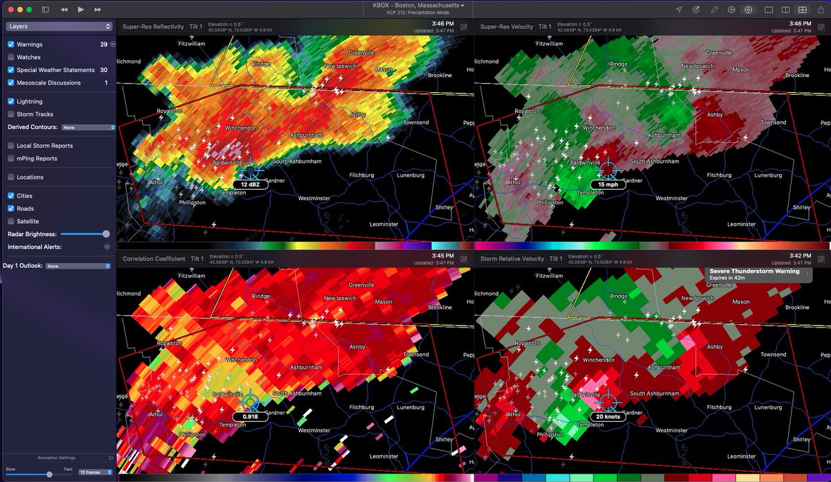 UMLWeatherCTR's tweet photo. [3:46 PM - 7/21/22]
Reduced correlation coefficient values are present at roughly the same location as the rotation couplet. Not the most clear cut case ever but a tornado might be ongoing near Templeton/Baldwinville/Gardner. https://t.co/lPOnB2j4mN