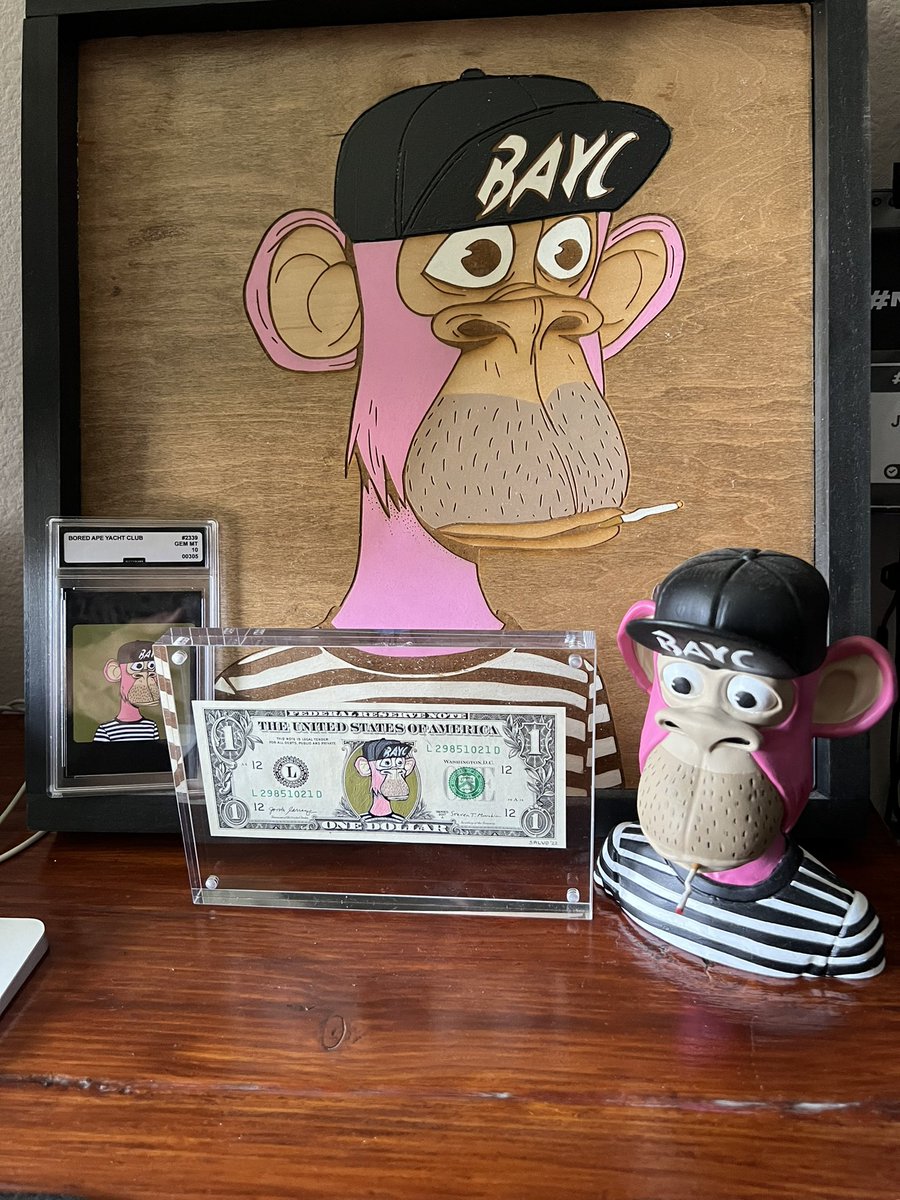 Who else has mini shrines around their desks made to their <a href="/BoredApeYC/">Bored Ape Yacht Club 🍌</a> ?

I’ve got <a href="/IsmToys/">physically28</a>, <a href="/claire_salvo/">claire salvo</a>, <a href="/NiftySlabs/">NiftySlabs</a>, &amp; <a href="/BoardApes/">80-HD</a> art all honoring Jason the Ape #2339 

I definitely need a lot more obviously.