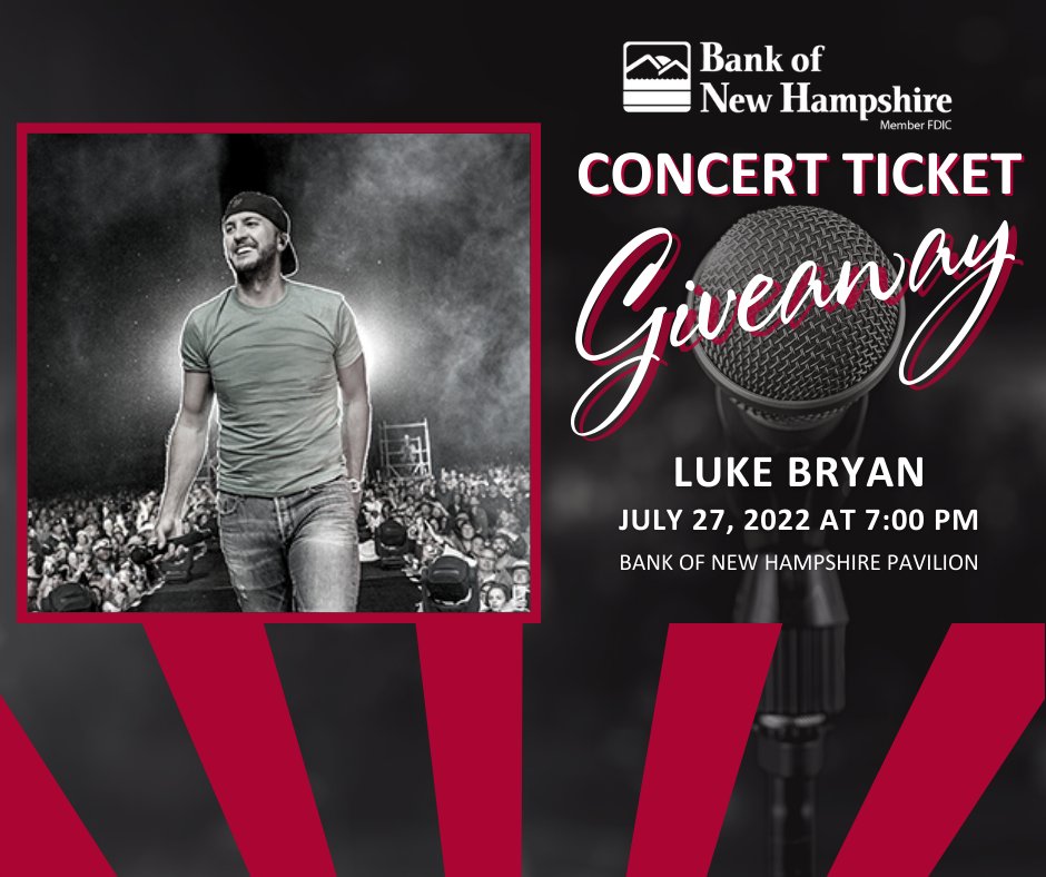 BankNH's tweet photo. 🎵 TICKET GIVEAWAY 🎵
We are giving away tickets to see @lukebryan live at @banknhpavilion! Visit our Facebook page to learn more: https://t.co/s5qqPm7VhR. #LovinItLive https://t.co/EatU9ibJgz