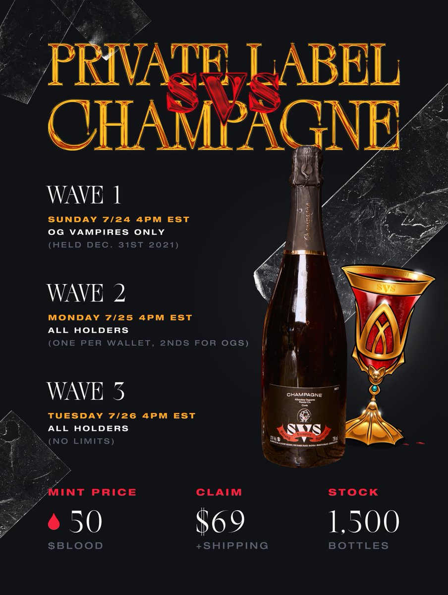 Our long awaited SVS Private Label Champagne is ready to pop, starting this Sunday 24th July.

Full details in the graphic attached and as our latest announcement in our Discord. Don't miss out, this is a one time opportunity🥂

Who is ready to get their hands on a bottle? 🍾