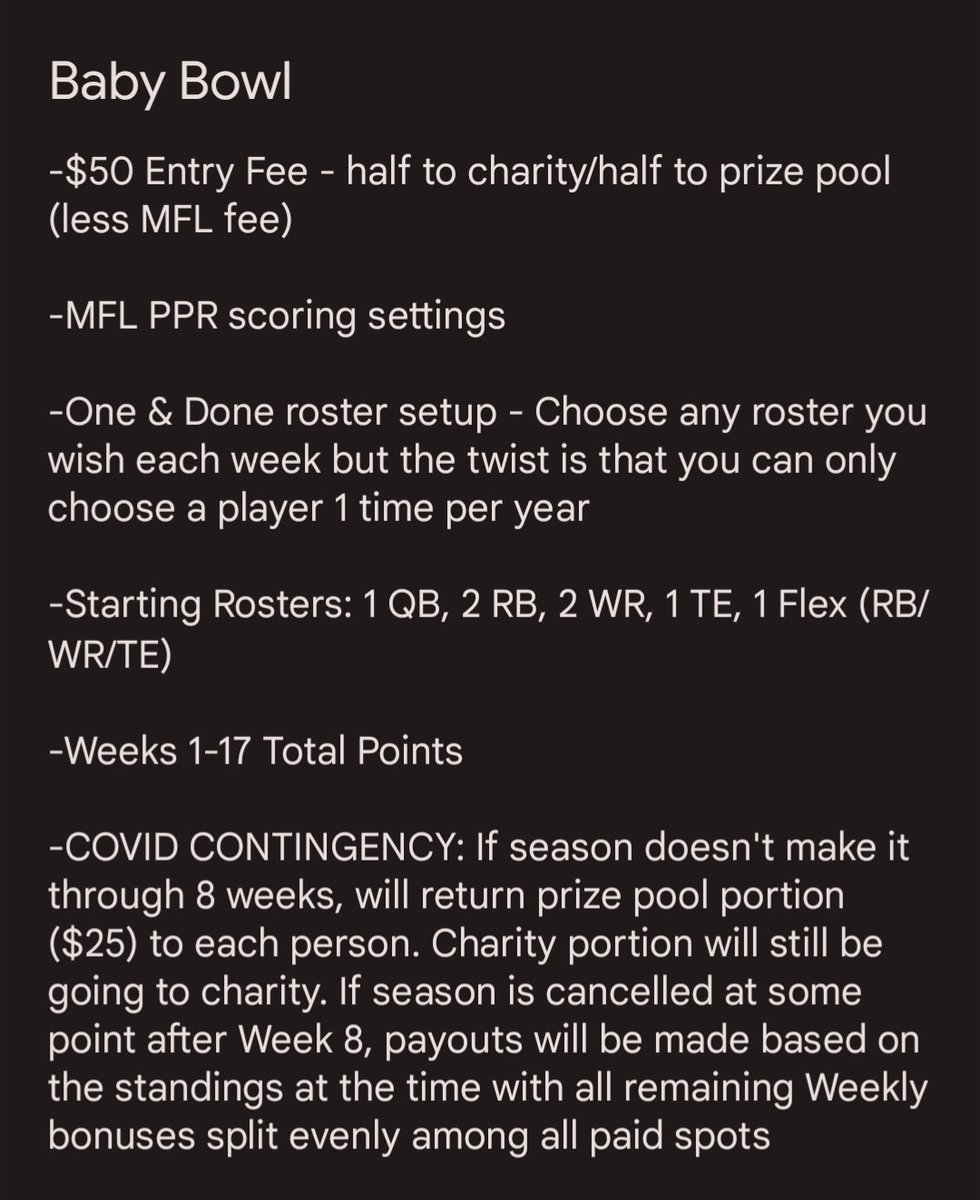 norton0723's tweet photo. 🍼 #BabyBowl IS BACK! 🍼
-One & Done style
-$50 entry
-1/4 $ to @MarchofDimes
-1/4 $ to @AshliesEmbrace
-1/2 $ prizes
-@MyFantasyLeague
-More⤵️
-JOIN THE DISCORD:
https://t.co/aZCefGNc9E
Please ❤️/RT to spread the word. DM if interested. Join a great league for great causes! https://t.co/4bvXWhWEK1