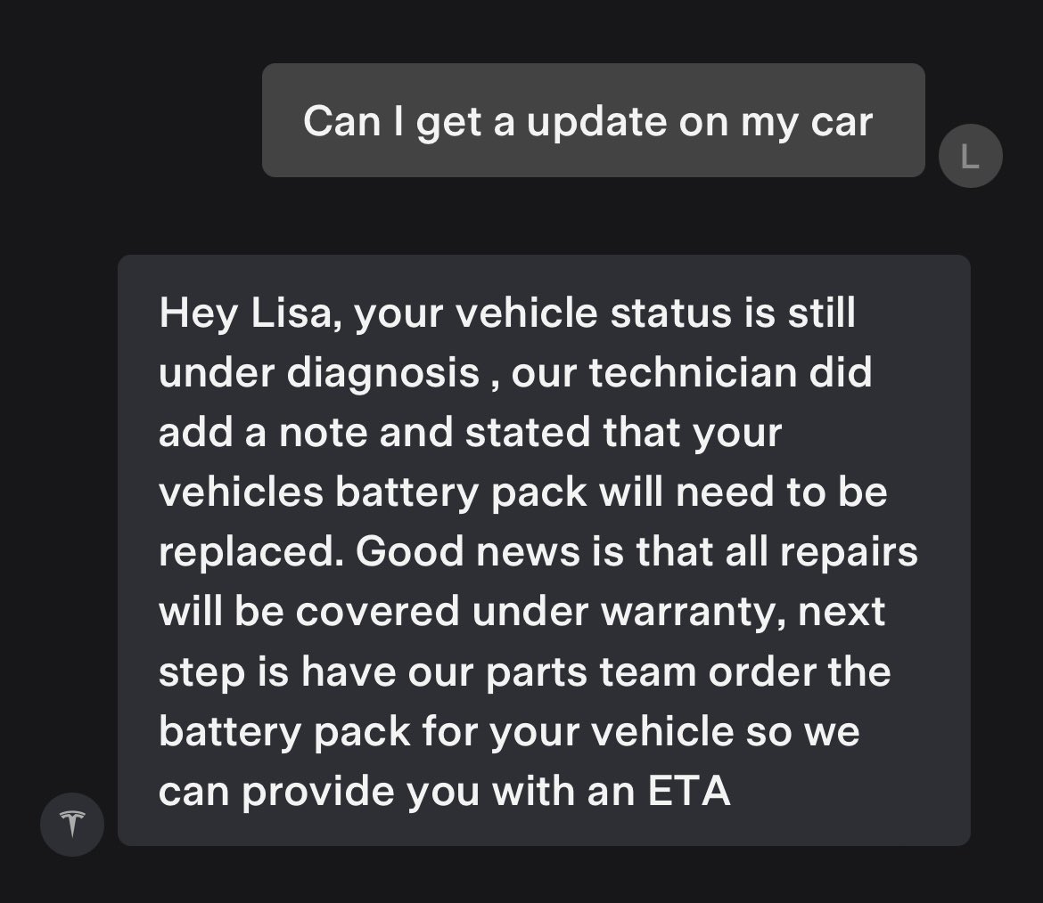 lisadinoto's tweet photo. I bought a Model Y In July of 2021. I just found out the Battery has to be replaced 😱 Looks like I will be without a car for a week !! 😡 Good news there replacing the Battery for FREE !! I certainly hope it will be free car is only 13 months old.  #Tesla #noloaner https://t.co/vfgdSzlb22