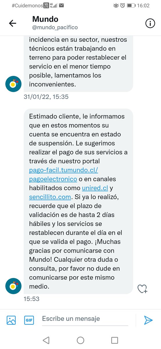 anva87's tweet photo. @mundo_pacifico y seguimos sin Internet como si a una le sobrara la plata para pagar servicios que no entregan. Pagué y me cortan el servicio me dicen que el problema es de @BancoEstado no de ellos y debo esperar 48 horas hábiles. Reitero si uno contrata y paga es para usarlo. https://t.co/buYB6hWkgv