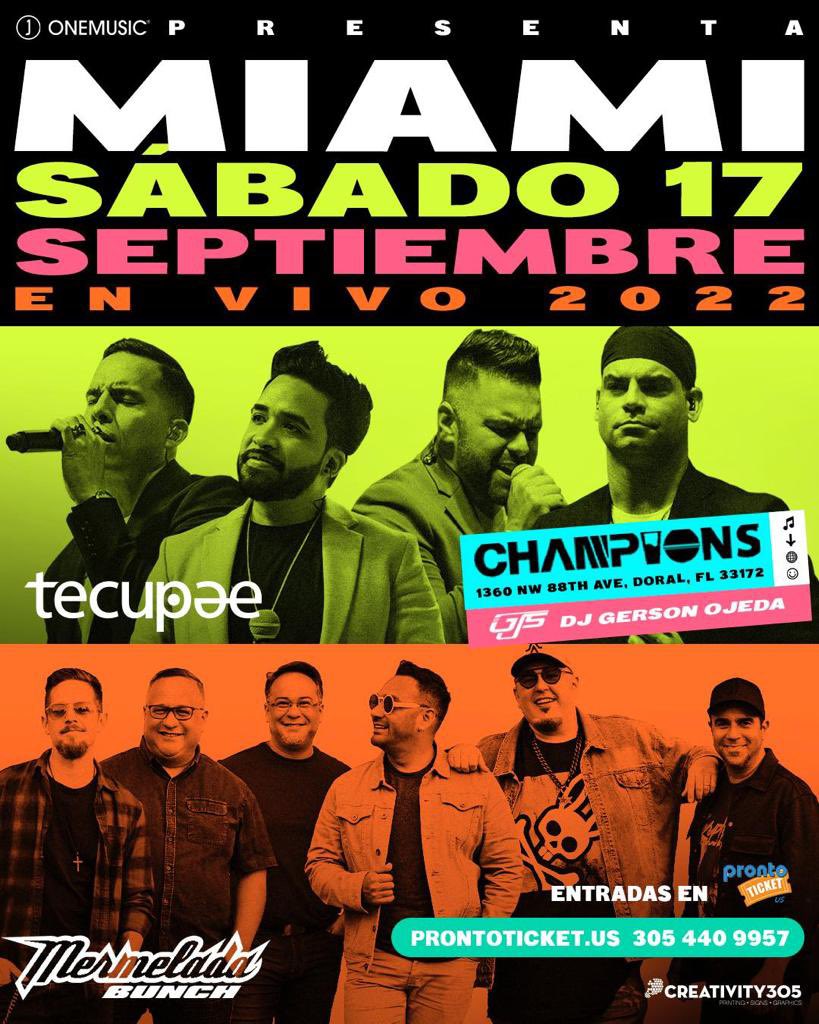 mermeladabunch's tweet image. ¡RUNBÓN en MIAMI!

Mermelada + @Tecupae el sábado 17/SEP en Champions Florida, compra tus entradas aquí &amp;gt; bit.ly/3ywNVZh &amp;lt;

Produce @onemusicusa / Invita @creativity305 

#MermeladaBunch #EnVivo #Miami #Florida #Jueves #SomethingNew