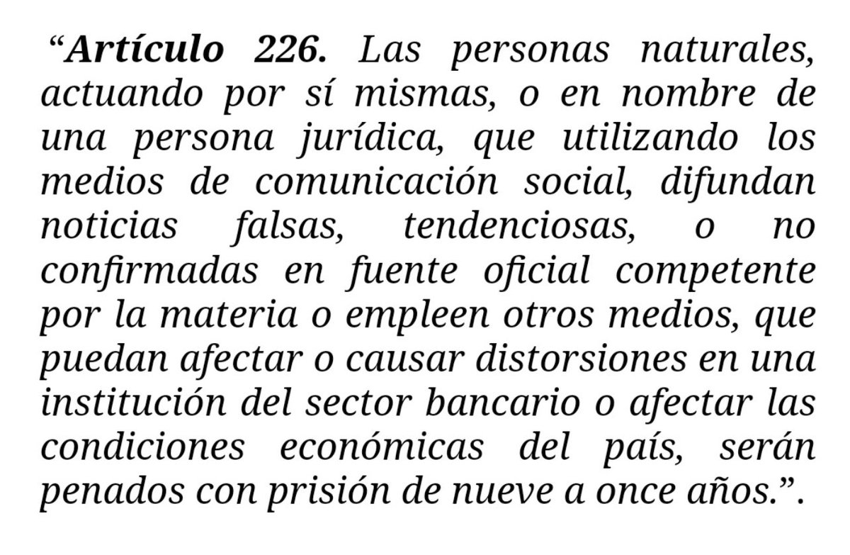 En sentencia N° 278 del 07/07/2022 la SC del TSJ admitió el recurso de nulidad contra el art 226 de la Ley de Instituciones del Sector Bancario. Este artículo pena con 9 a 11 años a quienes difundan noticias falsas sobre el sistema bancario o condiciones económicas del país