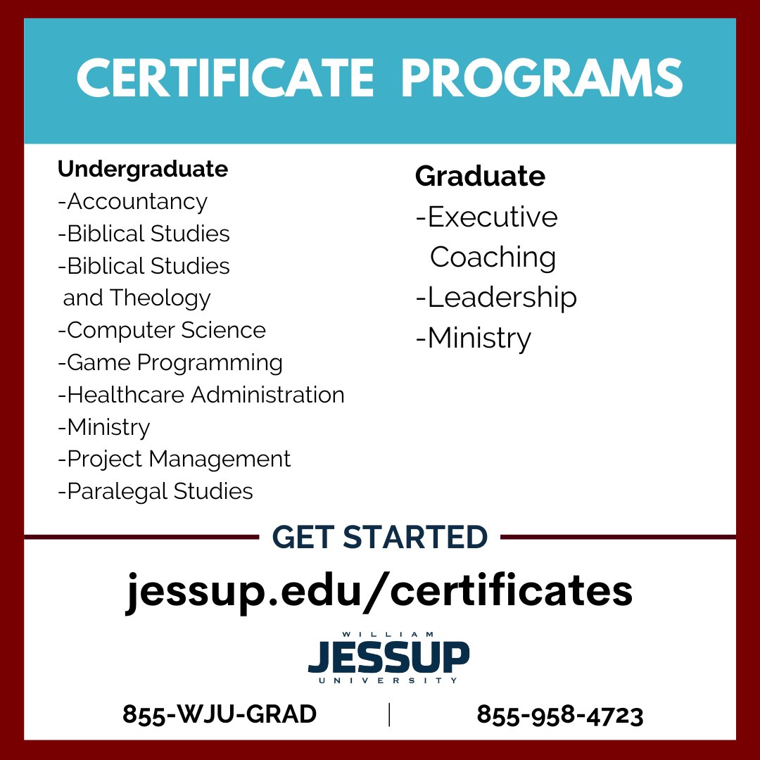 WJUGradStudies's tweet photo. Here at Jessup, we are always creating new learning opportunities. If you are looking to grow in expertise and employability, our certificate programs could be your next step! 

Learn more at https://t.co/vKVQleutmr to find a program that fits your goals. 

#jessup #certificate https://t.co/xCubXfJcnf