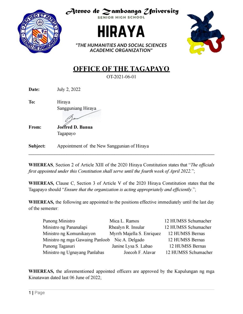 adzu_hiraya's tweet photo. 𝙃𝙚𝙖𝙙𝙨 𝙪𝙥, 𝙃𝙞𝙧𝙖𝙮𝙖𝙣𝙨!

Read the memo from the Office of the Tagapayo regarding the "Appointment of the New Sanggunian of HIRAYA"

OT-2021-06-01 states the following are appointed to the positions effective immediately until the last day of the semester. https://t.co/qwLHTyLzdB