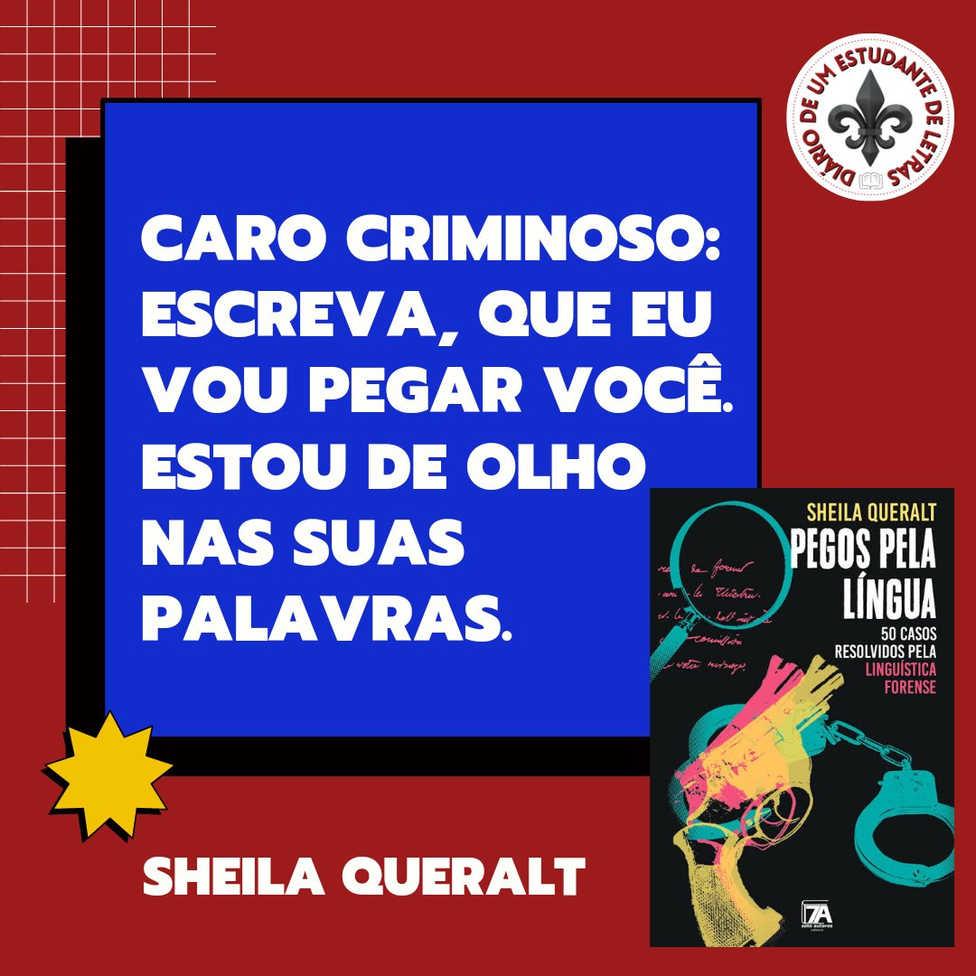 📌 😲😲😲😲 Recadinho da #sheilaqueralt!!
Abafa... 🤭🤭
.
Pegos pela língua - 50 casos resolvidos pela Linguística Forense, de Sheila Queralt.
.
#pegospelalíngua #sheilaqueralt #linguísticaforense #forensiclinguistics #diariodeumestudantedeletras ⚜️