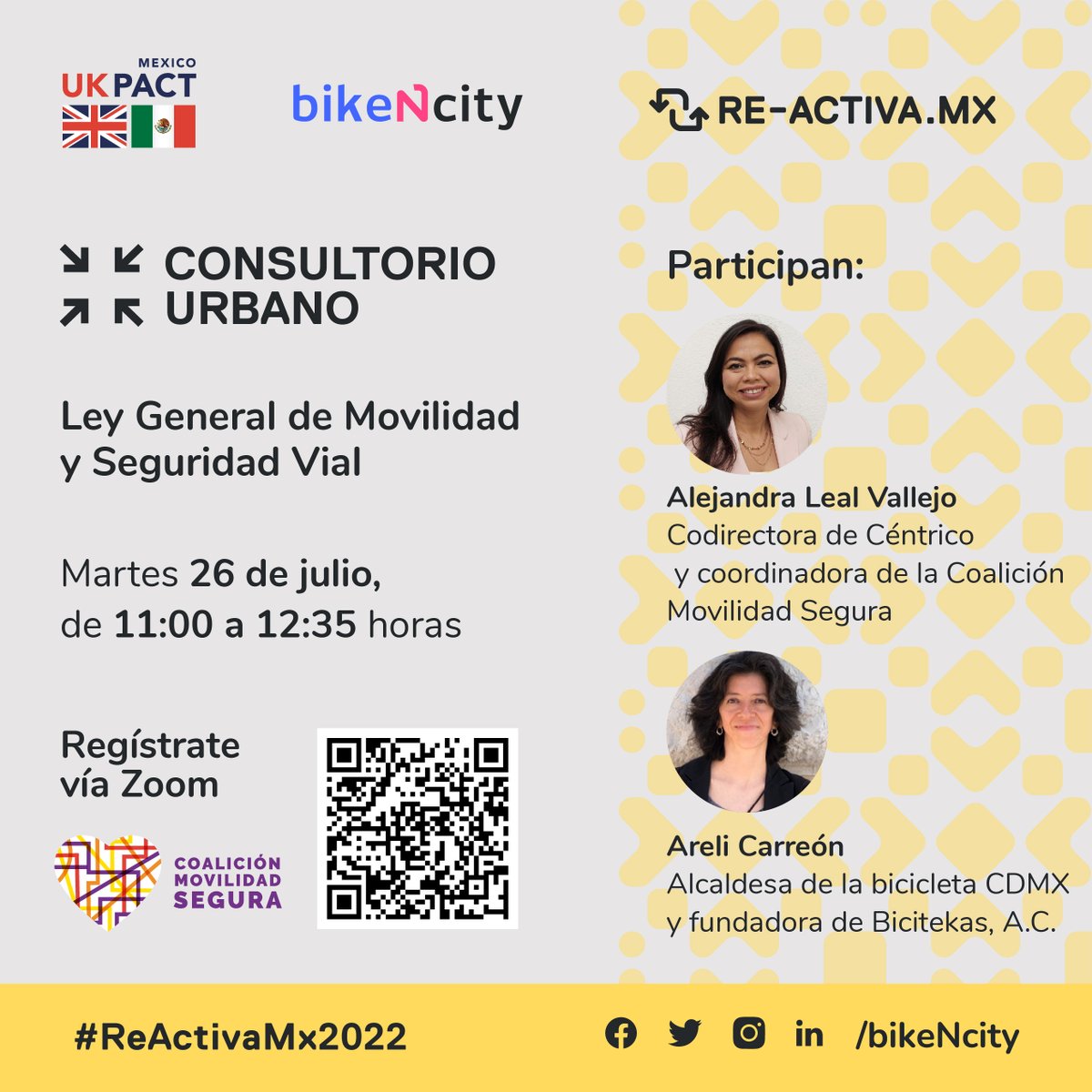 bikencity's tweet photo. 🗓️El Consultorio Urbano https://t.co/tm37SxOpai abordará la Ley General de #Movilidad y #SeguridadVial. 

Participan: @alelealv, de la @CoalicionMS que impulsó esta ley, y @arelibiciteka miembro fundadora de @Bicitekas. 

Regístrate👉 https://t.co/SuOURDeMs9

#UKPACT @UKinMexico https://t.co/pts0qSIz7Y
