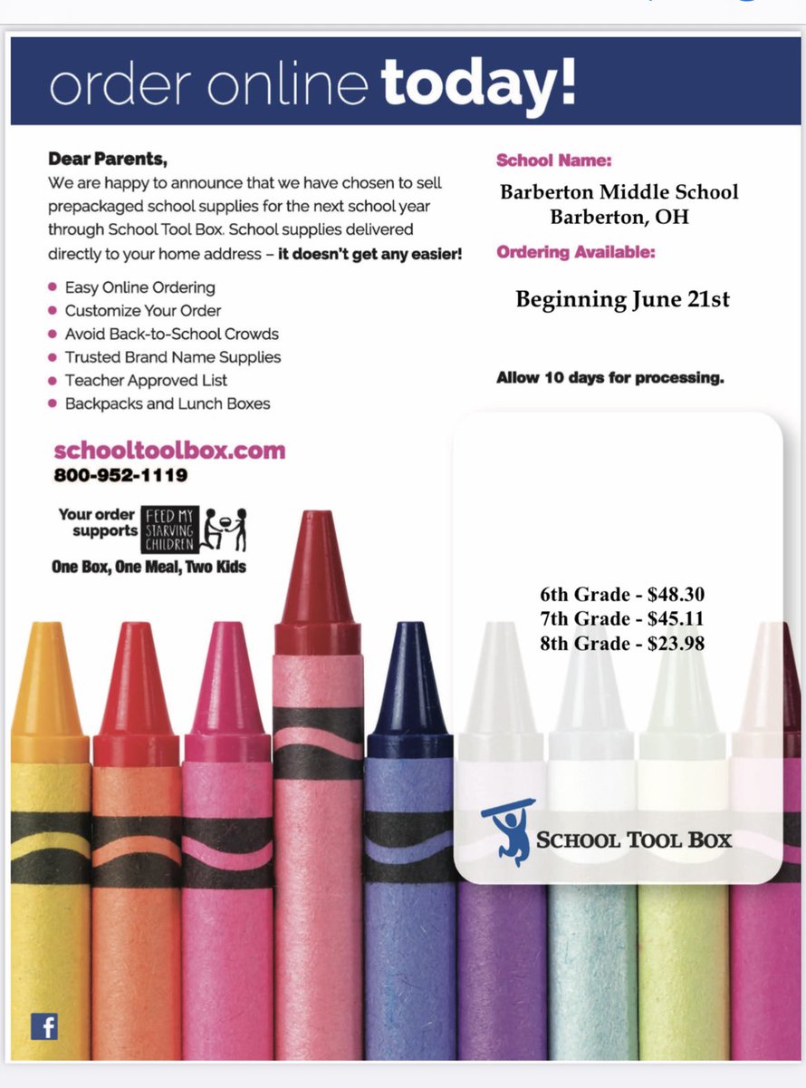 School fundraiser!!  Easy way to do school supply shopping and raise money for our students at the same time.  Funds raised will be used for our BMS students. Order at schooltoolbox.com. Make sure to allow 10 days for processing! August 18th is the first day of school!
