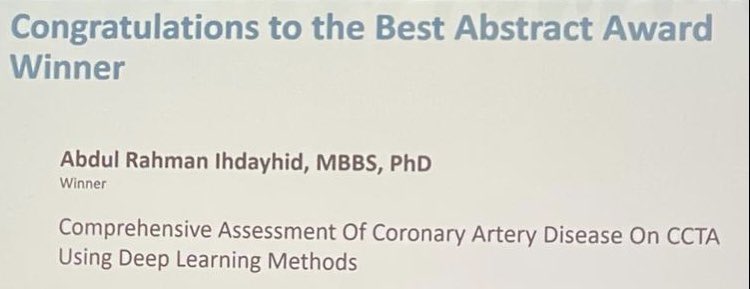Congratulations to Dr Ihdayhid for winning the Best Abstract at SCCT. Honoured to be able collaborate with him and team.