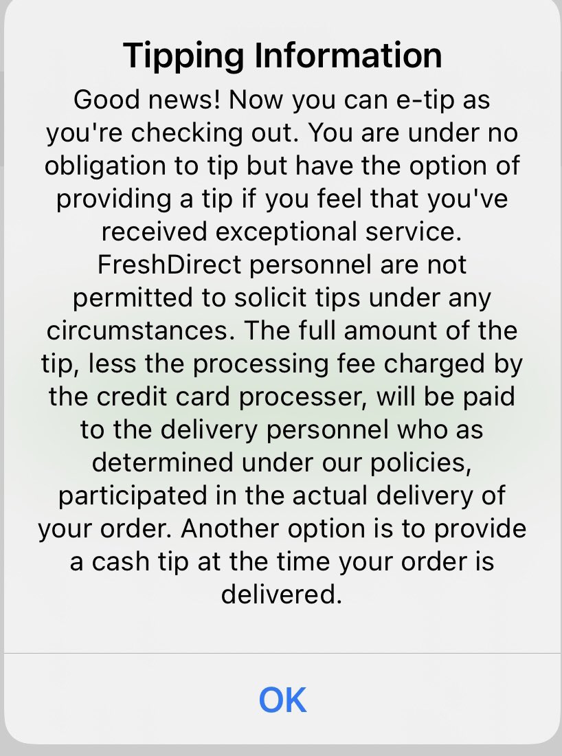 espyem's tweet photo. @Lee4ever2 @bradleyj31 @matthewsimon @mudslip @FreshDirect FD’s app says the delivery folks get the  full amount less the credit card processing fee, maybe that’s what they mean. https://t.co/jJ8dokJV9x