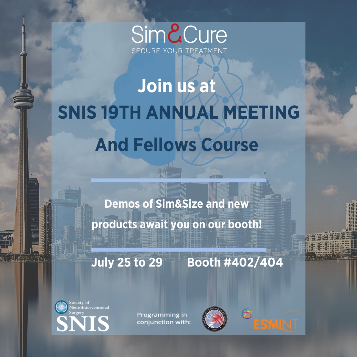 SimAndCure's tweet photo. 📢 Have aneurysm cases lined up after seeing an Engineering Wonder at SNIS? the CN Tower is impressive also.
Bring your 3DRA DICOMs over to Booth #402/404 for a personalized Sim&amp;Size demo!
 #SimandSize #SizeDoesMatter #SNIS2022  #Neurosurgery #MedTech #Medical Device #Toronto https://t.co/Em9RDh3Bg0