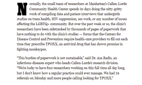 AsaRadix's tweet photo. Quoted in NY Magazine about my experiences prescribing TPOXX for monkeypox. Hopefully this makes a difference #TPOXX #MonkeypoxVirus  https://t.co/43FB4UMhlx https://t.co/RdueFw5LYN