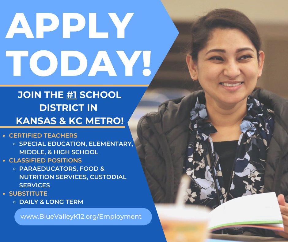 It's hard to believe we are less than a month away from the first day of school! 
We are still looking for excellent people to join our team! 
For more information or to apply for open positions, visit BlueValleyK12.org/Employment