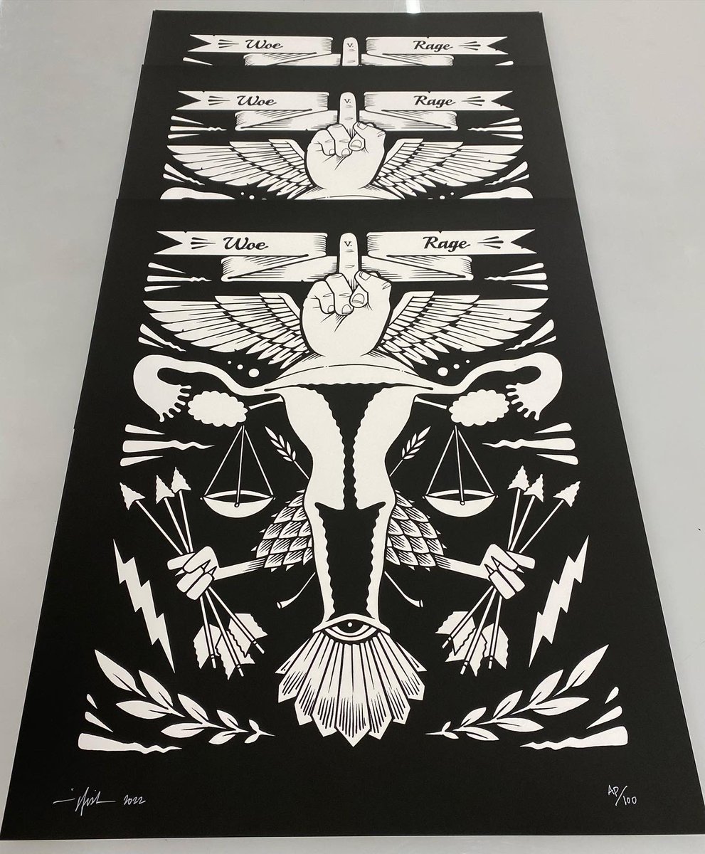 JeremyFish's tweet image. This screen print will be available tomorrow at 10am PST from my homies @harmanprojects at harmanprojects.myshopify.com

“Woe V. Rage”
16” x 20” 
$100 each, in a closed signed and numbered edition of 100 prints.

100% donation to the National Network of Abortion Funds
@AbortionFunds