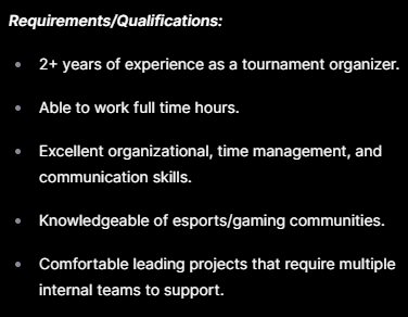 htmrkr's tweet photo. $15-20/hr? You want someone to have THESE responsibilities for $15-20/hr.

And you're... proud... of this posting? That figure is insultingly low for the quality (and breadth) of work that goes into a quality esports product from this type of role. https://t.co/7yqxZVGFua