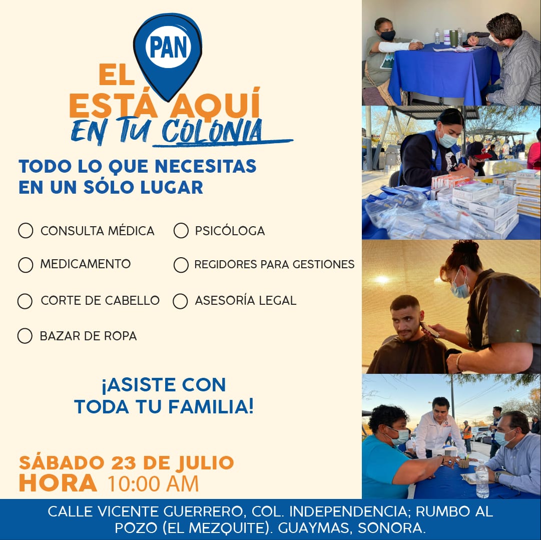 PanGuaymas's tweet photo. ¡Amigo y Amiga Panista!
Este sábado 23 de julio haremos la Jornada "El PAN está aquí en tu colonia "en el sector denominado el Pozo" de la colonia Independencia,  Te invitamos cordialmente a que nos acompañes. Convencidos estamos que trabajando en equipo todo es mejor. https://t.co/OEzSoRNlp8