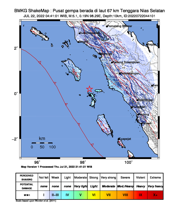 #Gempa Mag:5.1, 22-Jul-22 04:41:01 WIB, Lok:0.19 LU, 98.29 BT (Pusat gempa berada di laut 67 km Tenggara Nias Selatan), Kedlmn:10 Km Dirasakan (MMI) III-IV Nias Selatan #BMKG