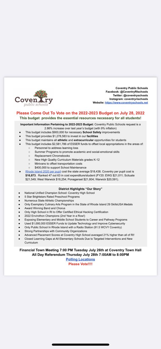 To all of my Coventry friends…..be sure to vote on July 28th! With the current budgetary system it is important to vote at the referendum every year! Here’s some helpful information about the budget and Coventry Schools compared to neighboring towns. DM me for any further info.