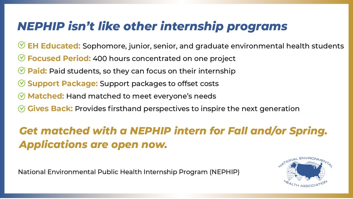 nehaorg's tweet photo. The pipeline for new EH professionals has slowed over the past decade. Help boost the profession while adding to your ever-stretched resources by participating in the National Environmental Public Health Internship Program.  https://t.co/WKtnDIVhNv 
 #EnvironmentalHealthMatters https://t.co/s8VsUKH0s4
