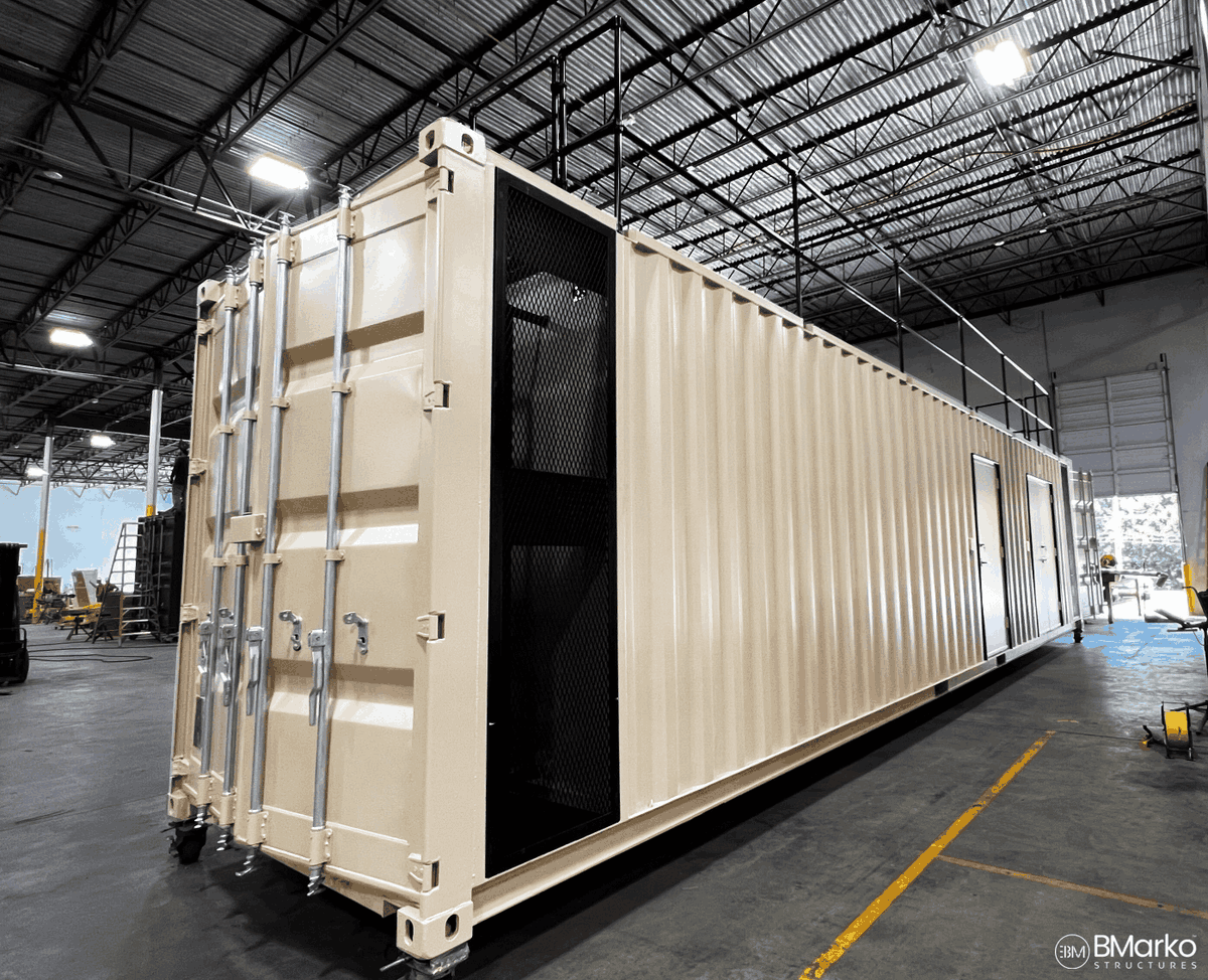 BMStructures's tweet photo. Even with industrial-use buildings, the designs can include fun, but functional, attributes. This 40-foot container control room features railing all around the roof to be used as a viewing deck. 

What do you think @hermeuscorp will be watching from up there? 🤔 https://t.co/QfYgRGOc2E
