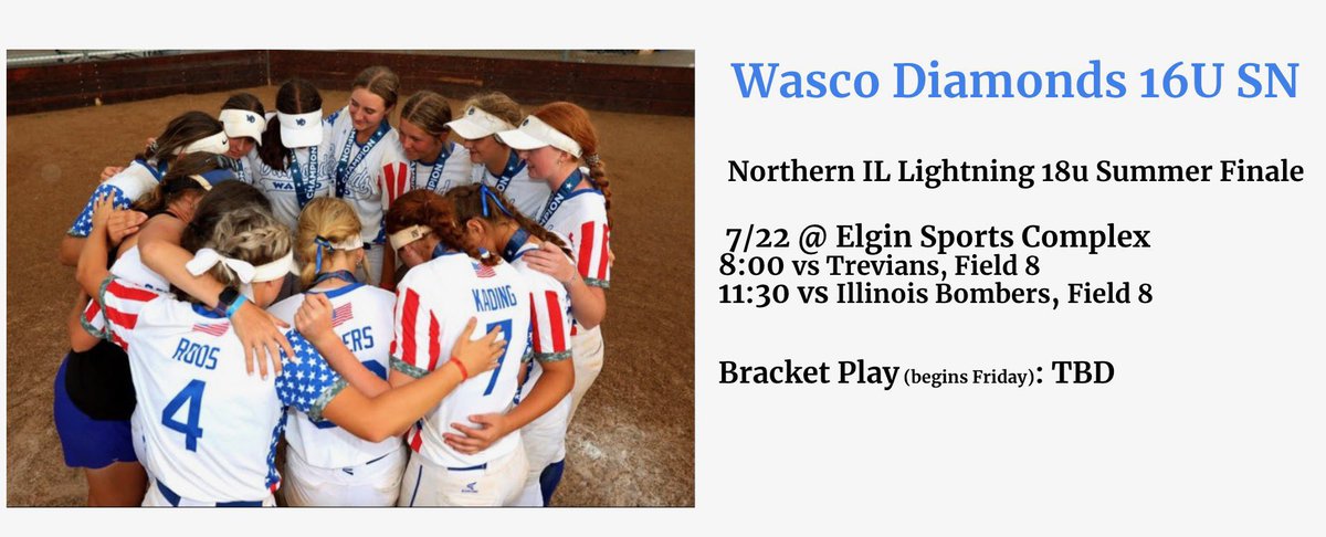 Here is the <a href="/WD16uSN/">Wasco Diamonds 16uSN</a> schedule for this weekend in Elgin! Lets go Diamonds!!💎🥎🤍 #wascoproud  <a href="/SLUSoftball/">SLU Softball</a> <a href="/CoachConnoyer/">Christy Connoyer</a> <a href="/Coach_pooch/">Mike “Pooch” Perniciaro</a> <a href="/IndStSoftball/">Indiana State Softball</a> <a href="/GVSUSoftball/">GVSU Softball</a> <a href="/UIndySoftball/">UIndy Softball</a> <a href="/CoachBeckyPearl/">Becky Pearl</a> <a href="/CollegeBDJocks/">College Bound Jocks</a> <a href="/jillienwaldron/">Jillien</a> <a href="/WascoDiamonds/">Wasco Diamonds</a> <a href="/coach2morrow/">Coach Morrow</a>