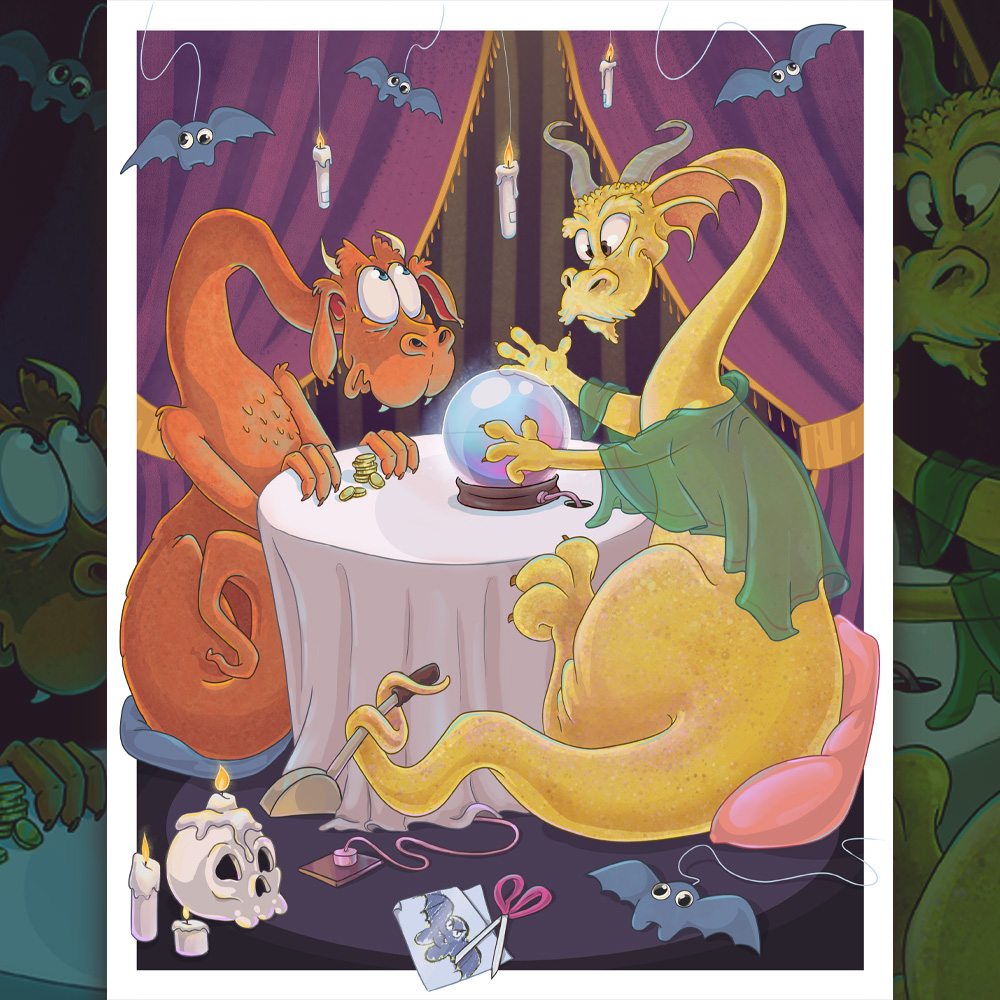 FiresideWrkshp's tweet photo. Our friendly fortune telling dragon is getting into spooky season a bit early! Things might have gotten a bit too spooky for this guest, but they have let us know that it was still a fun experience!

#art #comissionsopen #digitalart #illustrations https://t.co/RHFXjKzfVW