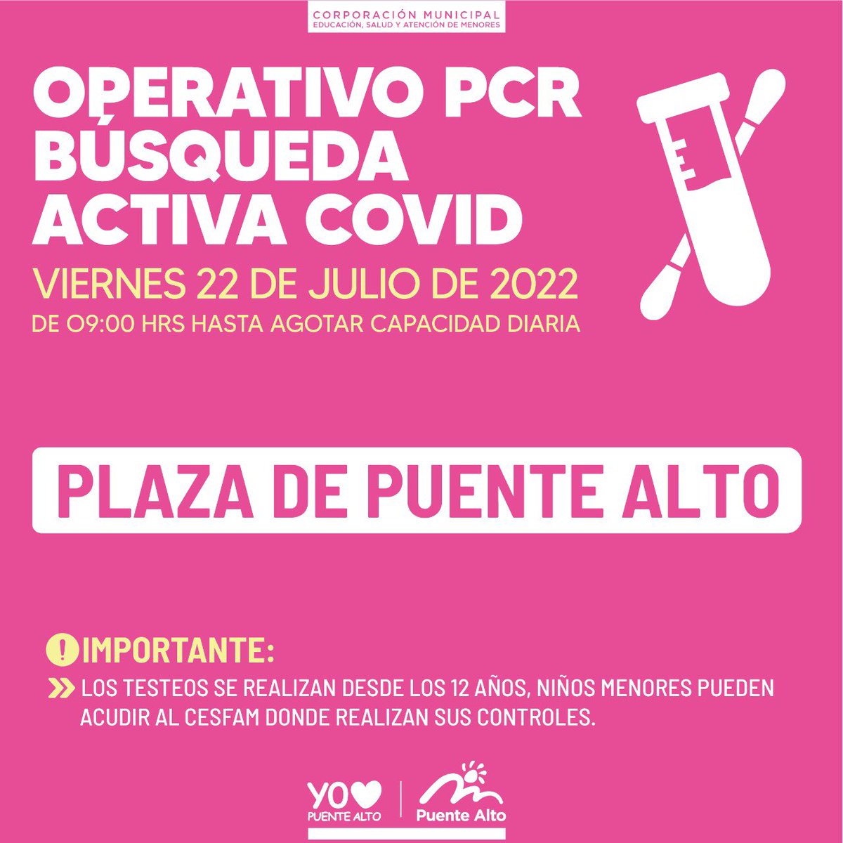 cmpuentealto's tweet photo. #OperativoPCR Viernes 22 de julio. https://t.co/x8n5KbVVHl