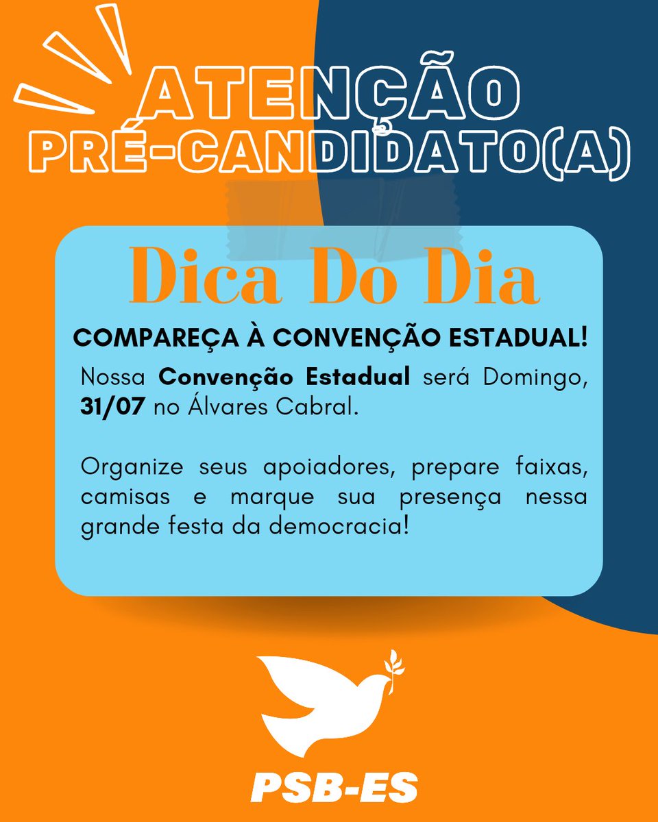 PSB40ES's tweet photo. Nosso DDD é também um lembrete:
📍A Convenção Estadual do PSB-ES será domingo, 31 de julho, às 8:30h, no Clube Álvares Cabral.
.
Organize-se, leve seus apoiadores, faixas, bandeiras e muita animação!
#PSBES #psbes40 #eleições2022 #40peloES https://t.co/KBdceesUND