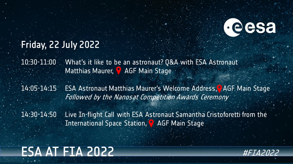 Day 5 #FIA2022: What's in store for us today at the 
<a href="/FIAFarnborough/">Farnborough Airshow</a> Airshow?

🧑‍🚀 ESA astronaut <a href="/astro_matthias/">Matthias Maurer</a> in two events at the <a href="/AeroGlobalForum/">Aerospace Global Forum</a> stage

👩‍🚀 AND and a videocall with <a href="/AstroSamantha/">Samantha Cristoforetti</a> live from the <a href="/Space_Station/">International Space Station</a>! 😮 👇