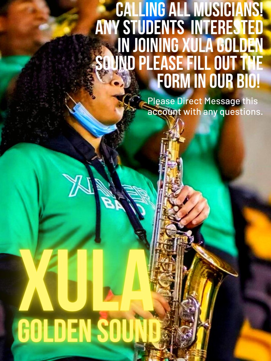 XulaGoldenSound's tweet photo. Are you a musician? Do you have interest in joining the Xula Golden Sound Marching Band? Please fill out the prospect form in our bio!
#xula1925 #xula23 #xula24 #xula25 #xula26 #xula27 https://t.co/9X5oJkrllD