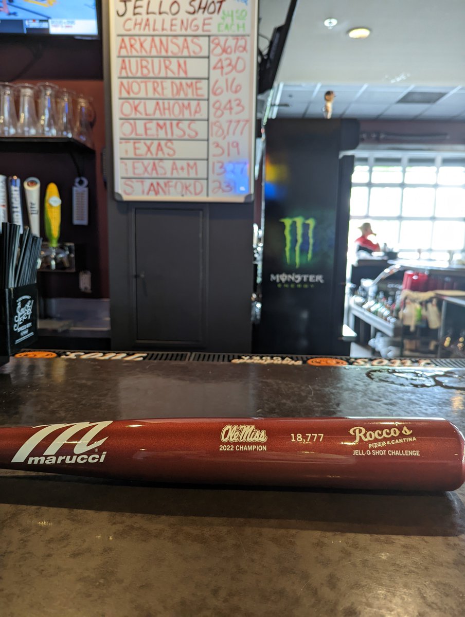 CWSShotBoard's tweet photo. Big shout out to @OleMissBSB for starting what I hope is a new tradition for the #RoccosOmaha CWS Jello Shot Challenge. Our own custom engraved @MarucciSports bat. She's beautiful. #18777 https://t.co/D6ZNDbw3RM